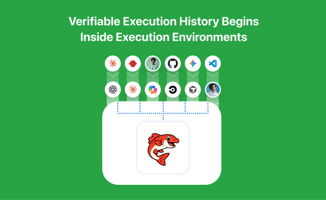 Verifiable execution history begins inside execution environments: the agents, assistants and tools people work in feed down into Salmon, which records what happens inside them